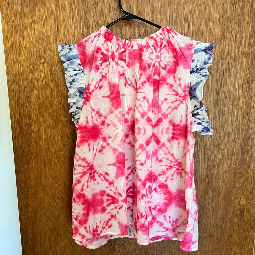 THML Pink Tie-Dye Short Sleeve Ruffle Tee with Blue Accent